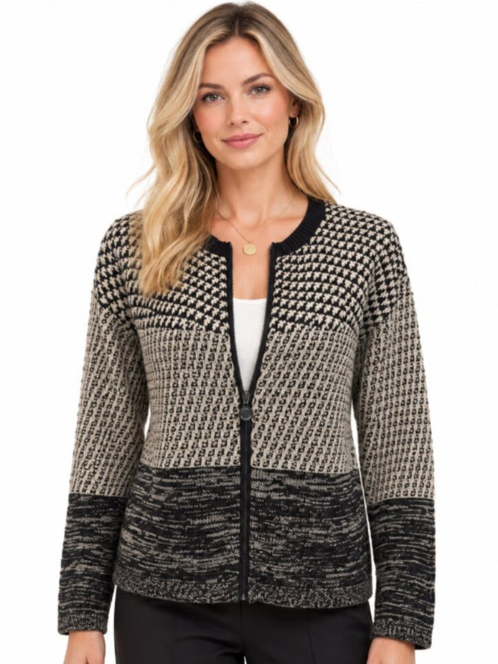 Max Mara Weekend Virgin Wool Houndstooth Zip Cardigan Black Cream S